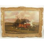 A Clark, oil on canvas, three horses cantering in a landscape with steam train in the background,