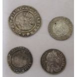 An Elizabeth I hammered sixpence dated 156?, a 1582 threepence, drilled, 1566 threepence and a