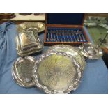 A collection of silver plated items, to include tureens, oval stand, cased fish servers, cased