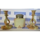 A pair of Grainger & Co, Worcester, blush ivory candle sticks, with scroll columns and embossed