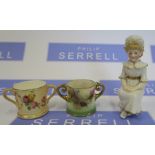 A Royal Worcester Kate Greenaway figure, of a seated girl, height 4.25ins, together with two Royal