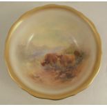 A Royal Worcester Bennett bowl, the interior decorated with three Highland cattle in a highland