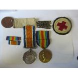 Private Harold Harman WW1 British War Medal, Victory Medal, dog tag and shoulder patches and