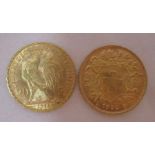 Two Swiss 20 francs gold coins, dated 1935 and 1914