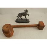 A treen string box, formed as a barrel, together with a marling gauge and a model of a dog, height