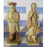 Two Royal Worcester blush ivory figures, a girl wearing a cloak and a man in old English dress,
