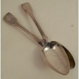 A pair of Georgian silver fiddle pattern serving spoons, engraved with initials, London 1809, weight