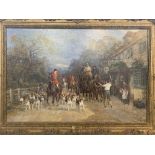Heywood Hardy, oil on canvas, a pack of hounds with huntsmen in pinks by a coach and four, with