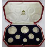 A George V silver specimen set, in original box, including eight coins, from half crown to maundy