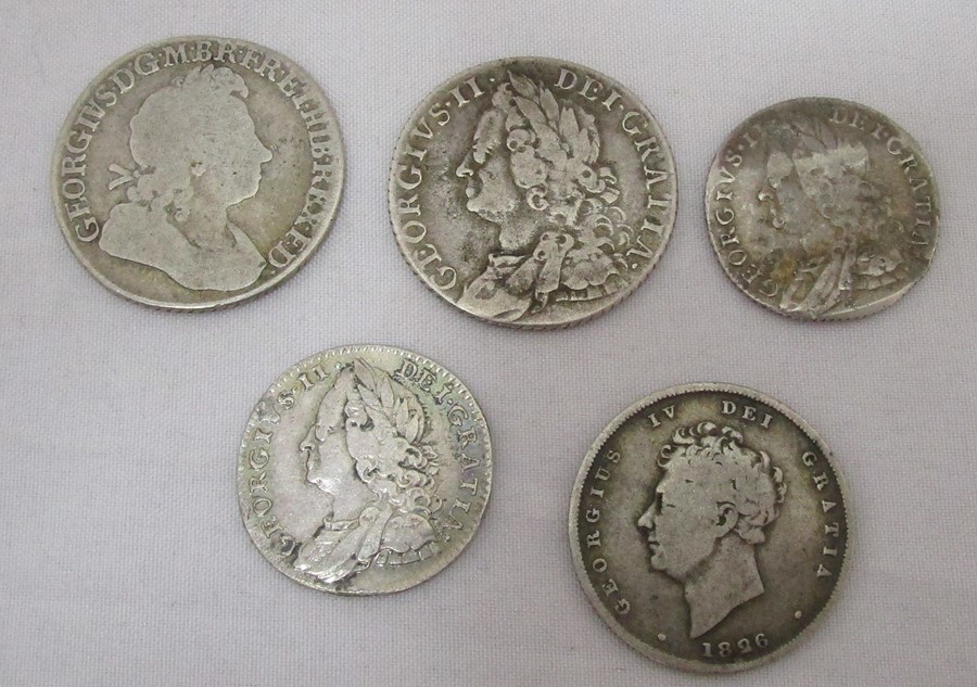 A George II 1723 sixpence, 1758 sixpence, George IV 1826 sixpence, Two George II 1757 threepences ( - Image 2 of 2