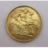 A 1908 gold half sovereign