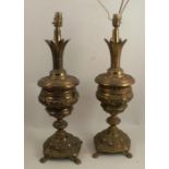 A pair of brass table lamps, with moulded classical decoration, raised on paw feet, height 23ins