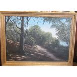 Alan King, oil on canvas, rural pathway with trees, 27ins x 39ins, (D)