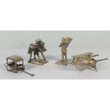 A Hong Kong Silver Miniature of a Single Wheel Barrow Wang Hing & Co., another of man with hand