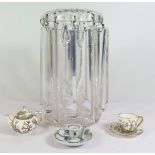 A Glass Table Lustre, Coalport Indian Tree miniature tea pot, cup and saucer and miniature blue