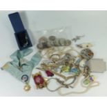 A Selection of Costume Jewellery, coins, R.A.O.B. 'jewels' etc.