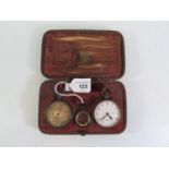 A Cased Pocket Watch (overwound), pocket barometer by W. Watson & Sons Ltd. and fob compass