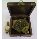 A Compass Sun Dial in mahogany box and ROYAL automatic wristwatch