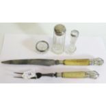 A Carving Set and Silver mounted glass sugar sifter etc.
