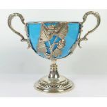 A Victorian Electroplated Silver Two Handled Cup with foliate decoration and pale blue glass liner
