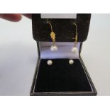 A Pair of 22K Gold and Pearl Pendant Earrings and pair of 9ct gold and pearl studs