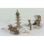 A Hong Kong Silver Miniature of Sedan Chair, one of rickshaw and another of a pagoda Luen Wo