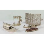 A Collection of Four Sterling Silver and White Metal Miniature Ornaments including a gondola on