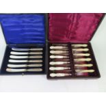 A Cased Set of Mother of Pearl Handled Fruit Knives and Forks and cased set of silver handled tea