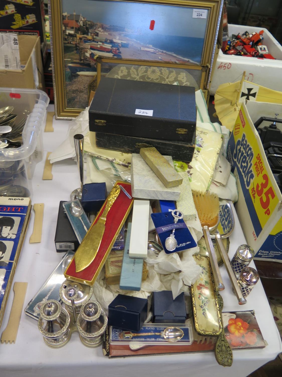 A Selection of Oddments including Collector's Spoons, stamps, linen, framed photograph of Budleigh