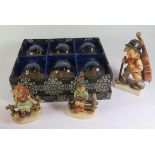 Three Hummell Figurines and set of six brandy glasses