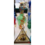 A Czech Floral Decorated Vase, dressing table set, decanter with shot glasses and moth display