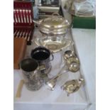 An Electroplated Silver Soup Tureen, four ladles, oval dish with pierced foliate border etc.