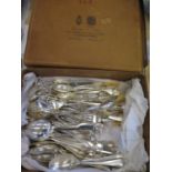 A Canteen of Silver Plated and Mother of Pearl Fruit Knives and Forks and box of plat ed flatware