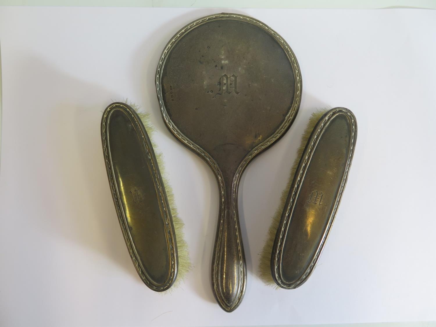 A Modern London Silver Top Cut Crystal Decanter, silver backed hand mirror and two brushes - Image 2 of 2