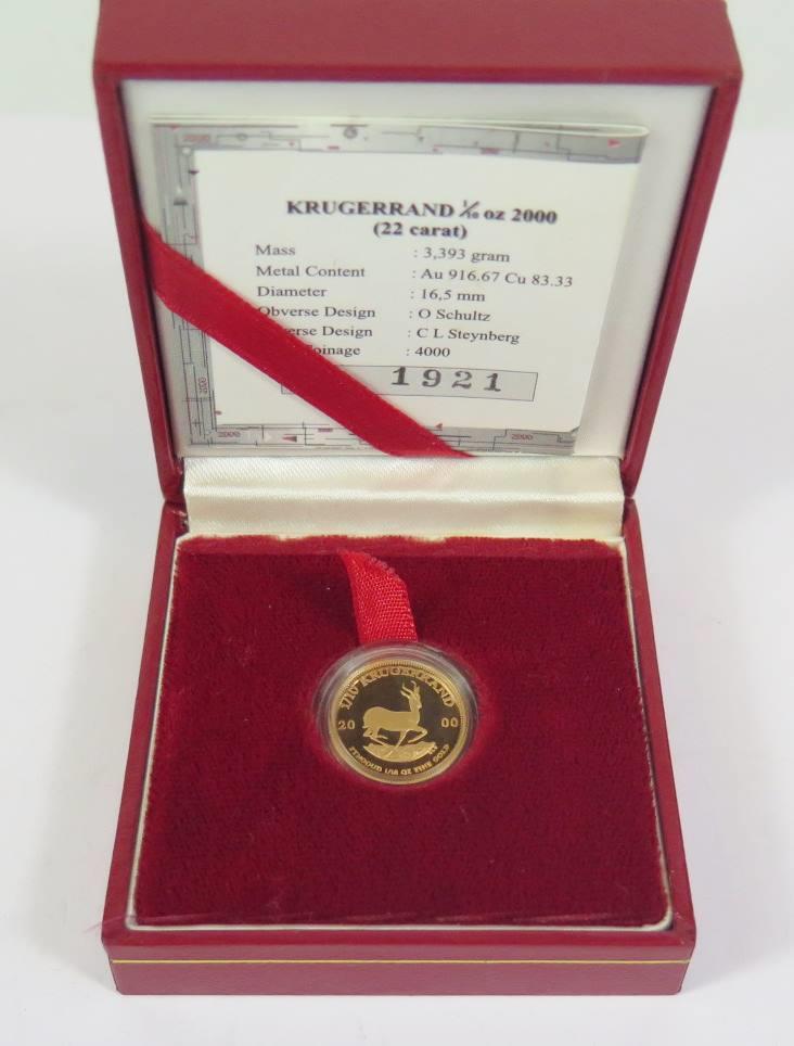 A 2000 1/10oz Krugerand (3.393g 22ct), boxed with COA