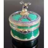 A Russian Silver Gilt, Guilloché Enamel and Jewelled Box in original presentation case, set with