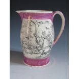 A Grays Pottery Lustre Pitcher decorated in monochrome with Transfer scenes by Cruickshank, 19.5cm,