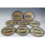 A Set of Six 8.5" Studio Pottery Plates decorated with fish, signed