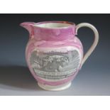 A Sunderland Lustre Jug with monochrome decoration of The Iron Bridge and poetic text 'Friendship,