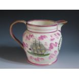 A Sunderland Lustre Jug with polychrome decoration of The Iron Bridge, three masted ship and
