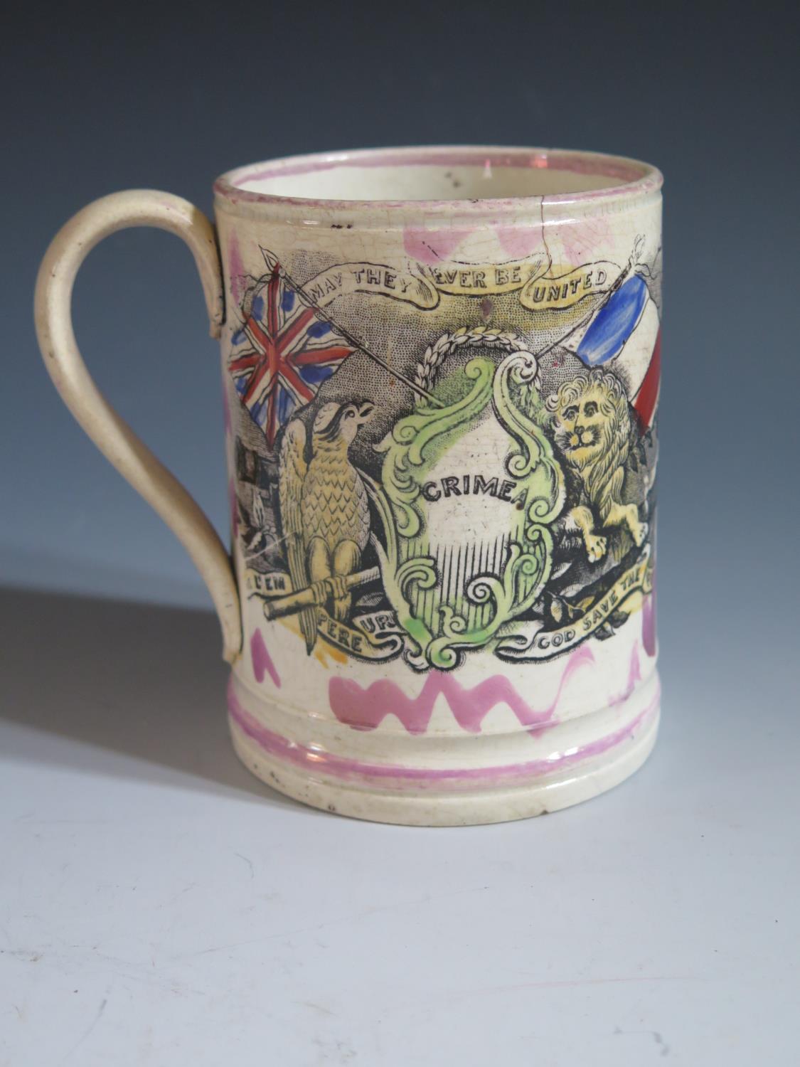 A Sunderland Lustre Crimean War Frog Mug _ May We Ever Be United _ with polychrome decoration and