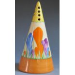 A Clarice Cliff Bizarre 5.5" Crocus Conical Sugar Sifter, c. 1929.