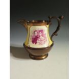 A Copper Lustre Jug _ Queen Victorian and Prince Albert _ with puce portraits on a yellow ground,