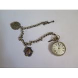A .800 Silver Open Dial Pocket Watch (running but badly damaged) on a silver Albert with two