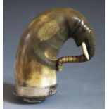 An Unusual 19th Century Snuff Mull carved as an elephant with a hinged silver mounted collar