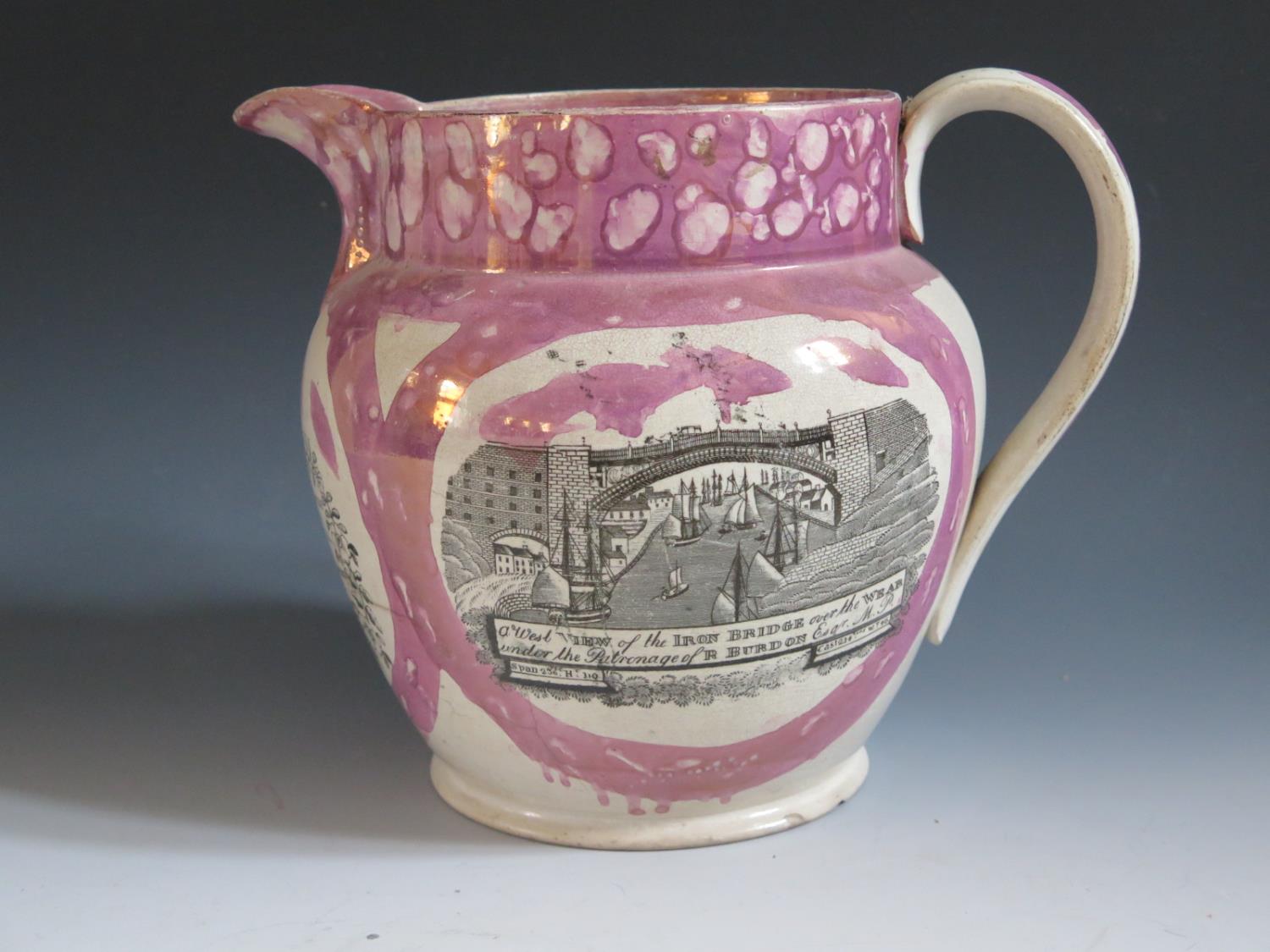 A Sunderland Lustre Jug decorated with monochrome transfers including Masonic scene with poetic - Image 3 of 6