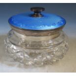 A George V Silver and Blue Guilloché Enamel Mounted Cut Crystal Dressing Table Powder Bowl, London