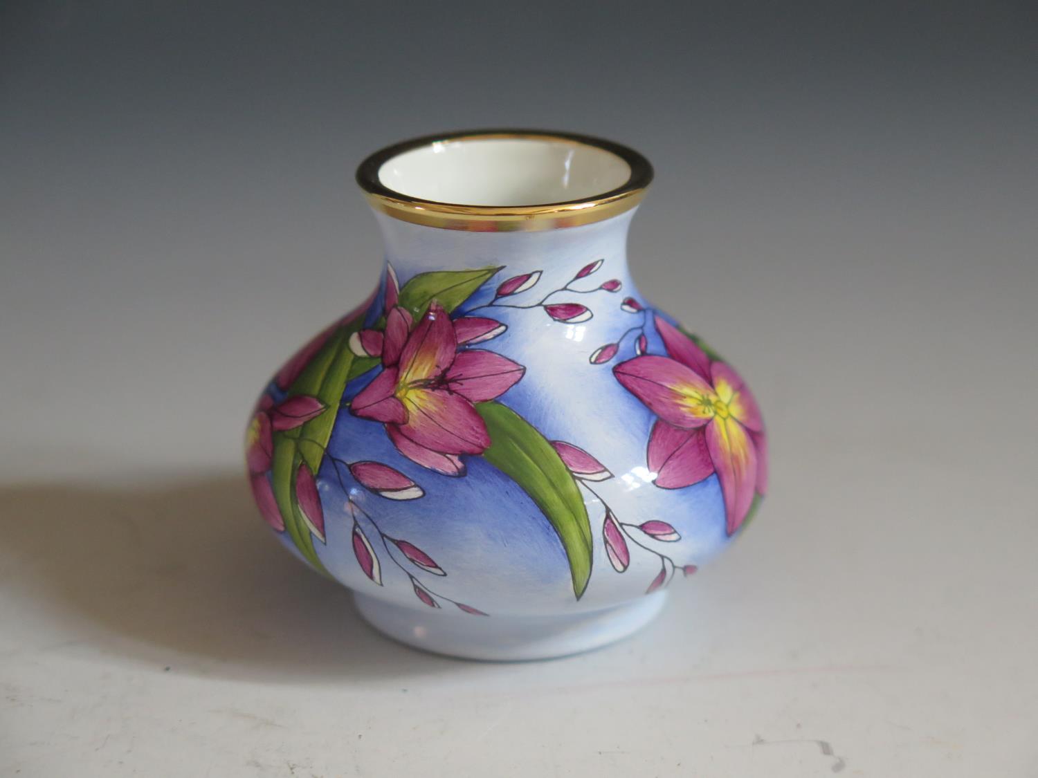 A Modern Moorcroft Enamel Purple Floral Vase, 5cm, dated 98 and initialled MCC 99 - Image 2 of 3