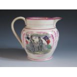 A Sunderland Lustre Crimea War Jug decorated in polychrome with two scenes titled 'May They Ever