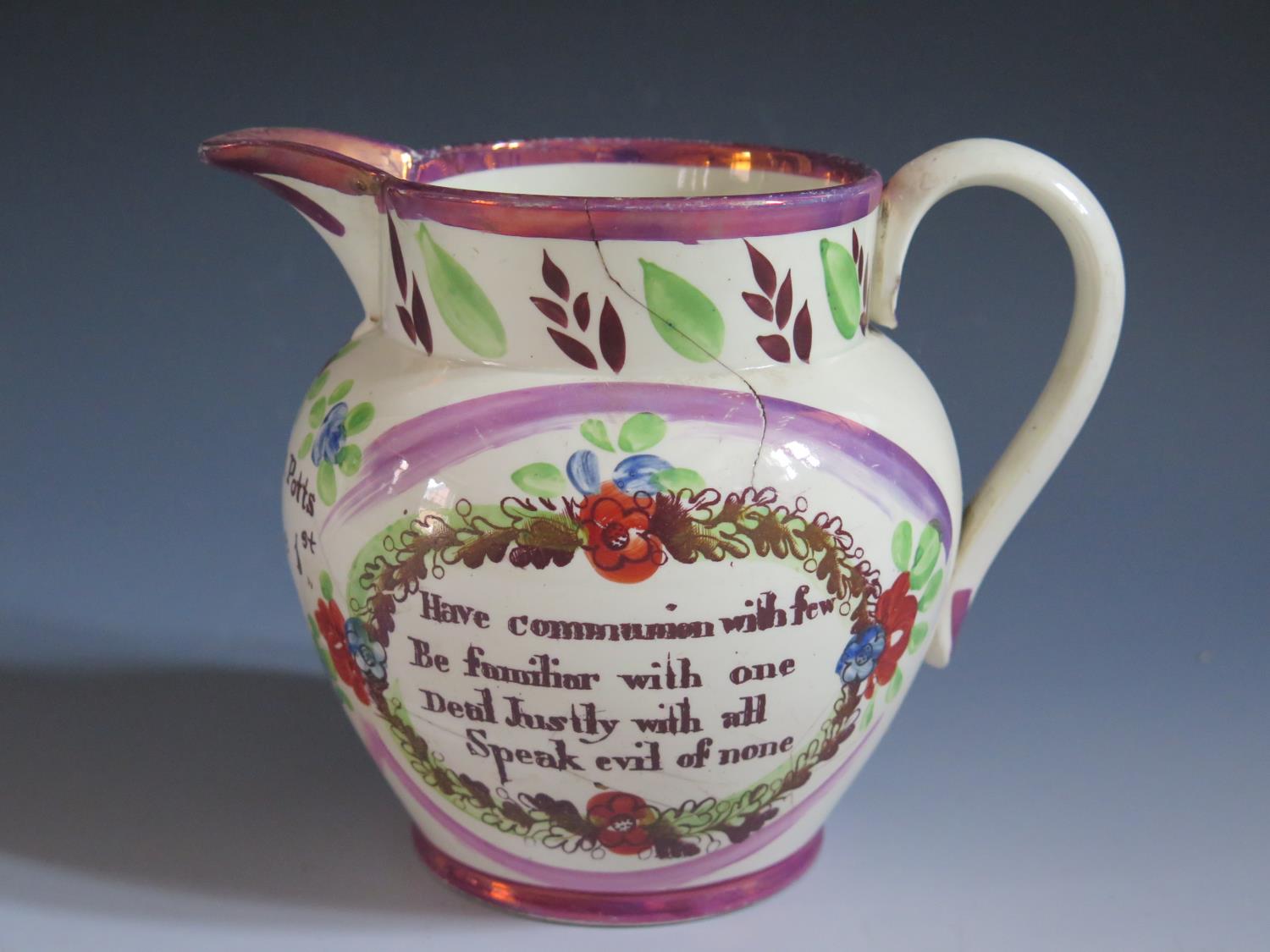 A Sunderland Lustre Marriage Jug _ George & Ann. Potts Mar., June 1st 1829 _ with polychrome - Image 2 of 7